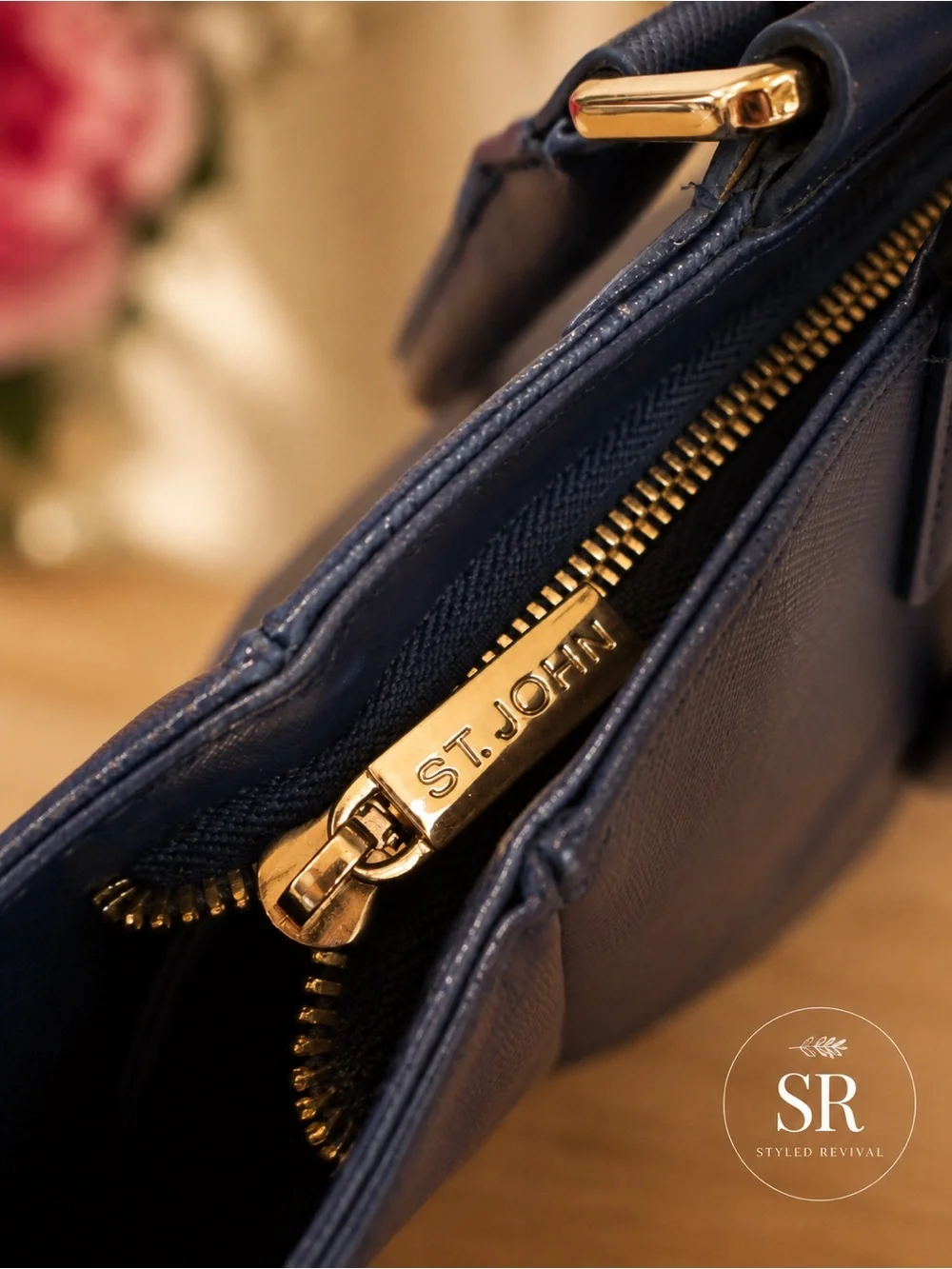 St. John XL Blue Saffiano Leather Work Tote Shopper Bag Gold Logo